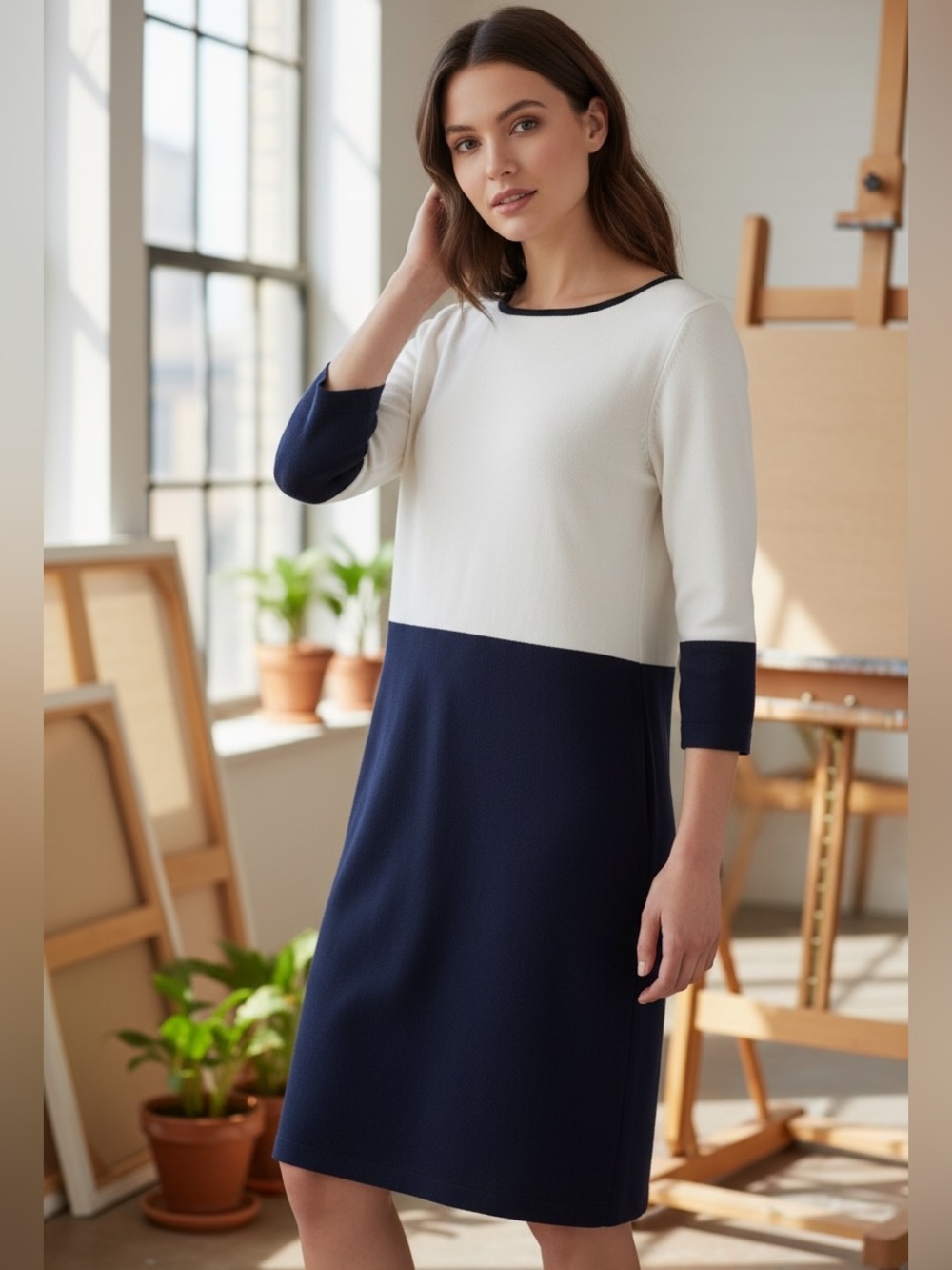NEW St. John Collection Vintage Cream Navy Colorblock Santana Wool Midi Dress 12